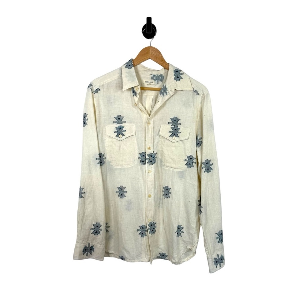 Umber & Ochre Men’s Hand Woven Cotton Aztec Button Down Beige/Blue M